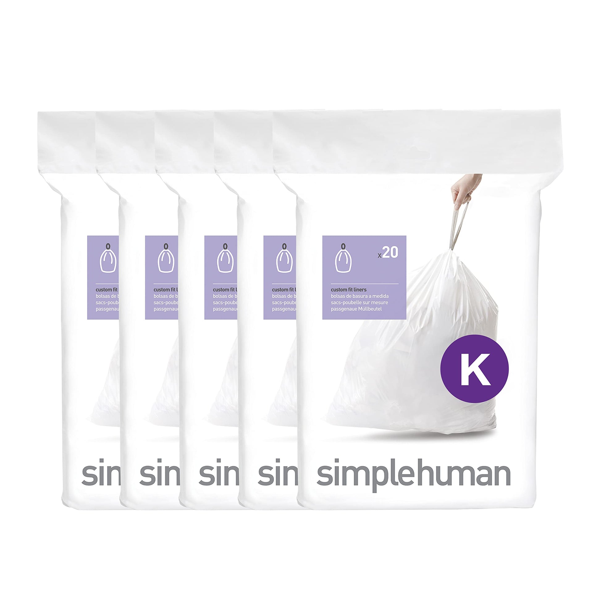 simplehuman Code K 100 Count, Dispenser Pack Custom Fit Liners, Drawstring Trash Bags, 35-45L / 9-12 Gallons, White - Available at All In One Marketplace Canada