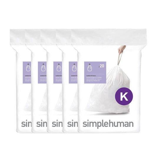 simplehuman Code K 100 Count, Dispenser Pack Custom Fit Liners, Drawstring Trash Bags, 35-45L / 9-12 Gallons, White - Available at All In One Marketplace Canada