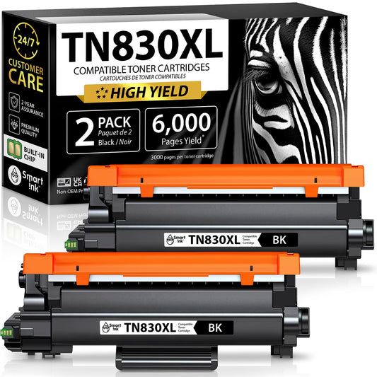 Smart Ink Compatible TN830XL Toner Cartridge Replacement for Brother TN830XL TN830BK TN830 XL with CHIP (2 Pack) to use with DCP-L2640DW HL-L2460DW MFC-L2820DW HL-L2400D HL-L2405W HL-L2865DW Printers - Available at All In One Marketplace Canada