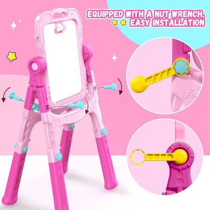 Art Easel for Kids - Adjustable Double-Sided Rotatable Magnetic White Board with Painting Accessories, Preschool Learning Toy for Girls 3-5 Years Old,Ideal Christmas Birthday Gift (Pink) 🍁 All In One Marketplace Canada
