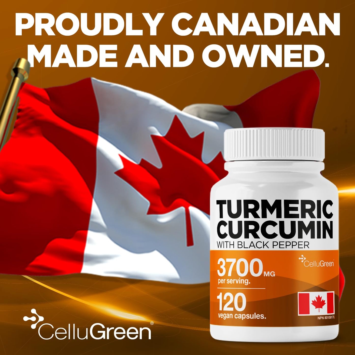 CelluGreen Turmeric Curcumin 3,700mg with Black Pepper Extract — 95% Curcuminoids for Joint Pain Relief & Anti-Inflammatory Support | Curcuma Longa | Non-GMO, Gluten-Free, Made in Canada | 120 Capsules - Available at All In One Marketplace Canada