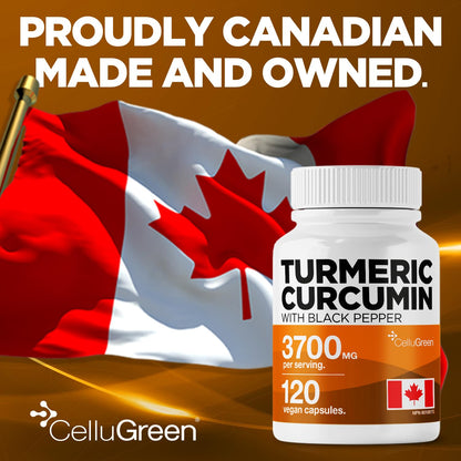 CelluGreen Turmeric Curcumin 3,700mg with Black Pepper Extract — 95% Curcuminoids for Joint Pain Relief & Anti-Inflammatory Support | Curcuma Longa | Non-GMO, Gluten-Free, Made in Canada | 120 Capsules - Available at All In One Marketplace Canada