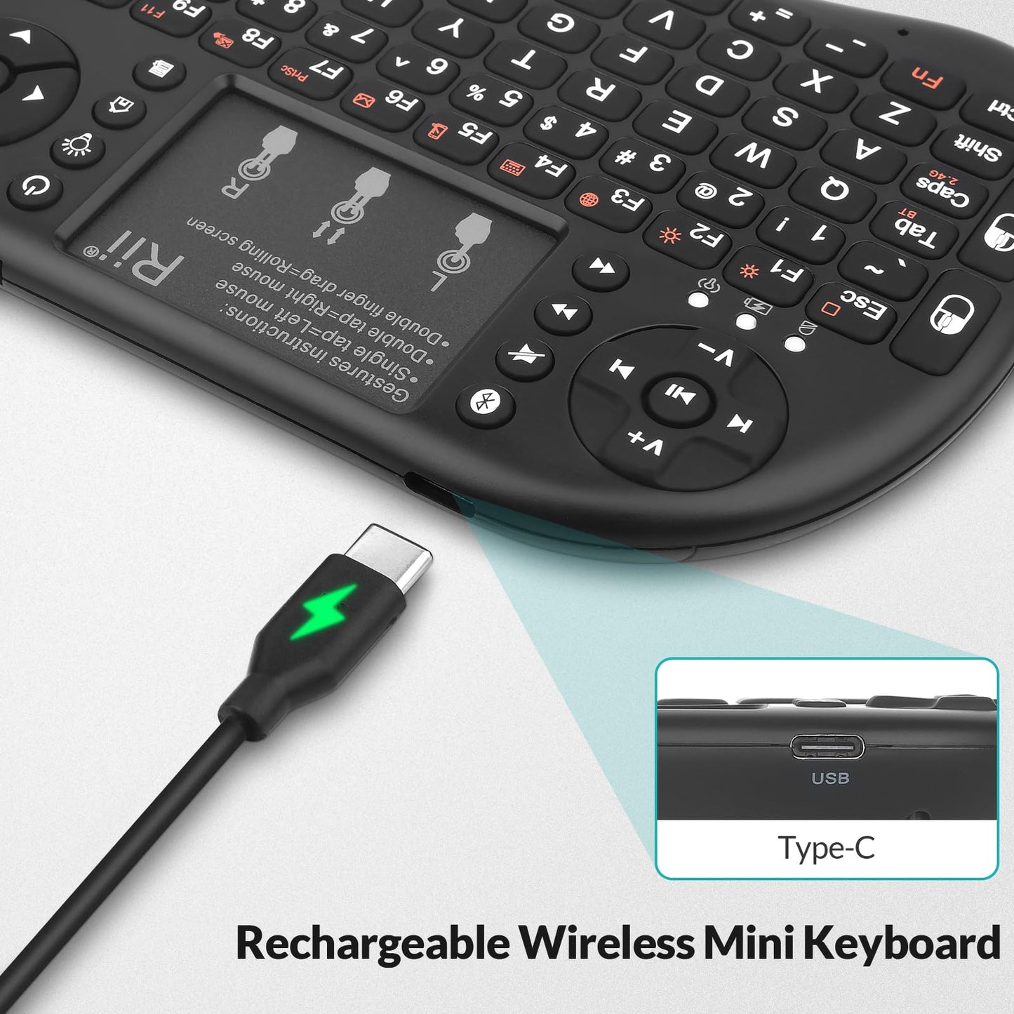 Rii i8+ Mini Wireless Keyboard,Bluetooth Keyboard with Touchpad,Handheld Remote,LED Backlit Compatible with Android TV Box, Android Smart TV,HTPC,Raspberry Pi, Win 7 8 10,Mac OS