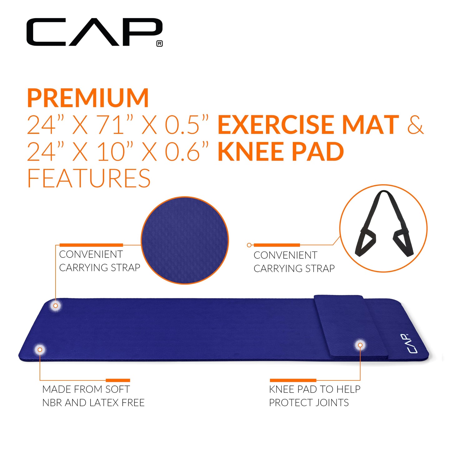 CAP Barbell High Density Exercise Yoga Mat with strap and Knee Pad 71"x24"x1/2" BLUE