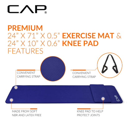 CAP Barbell High Density Exercise Yoga Mat with strap and Knee Pad 71"x24"x1/2" BLUE