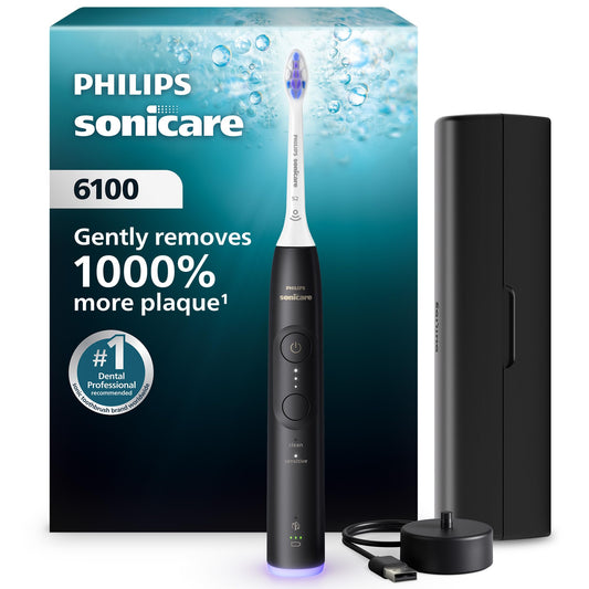 Philips Sonicare 6100 Series Electric Toothbrush - Next-Generation Sonicare Technology, Pressure Sensor, 6 Brushing Settings, SmarTimer, BrushPacer, 21-day Runtime, Travel Case, Black, Model HX7401/06 - Available at All In One Marketplace Canada