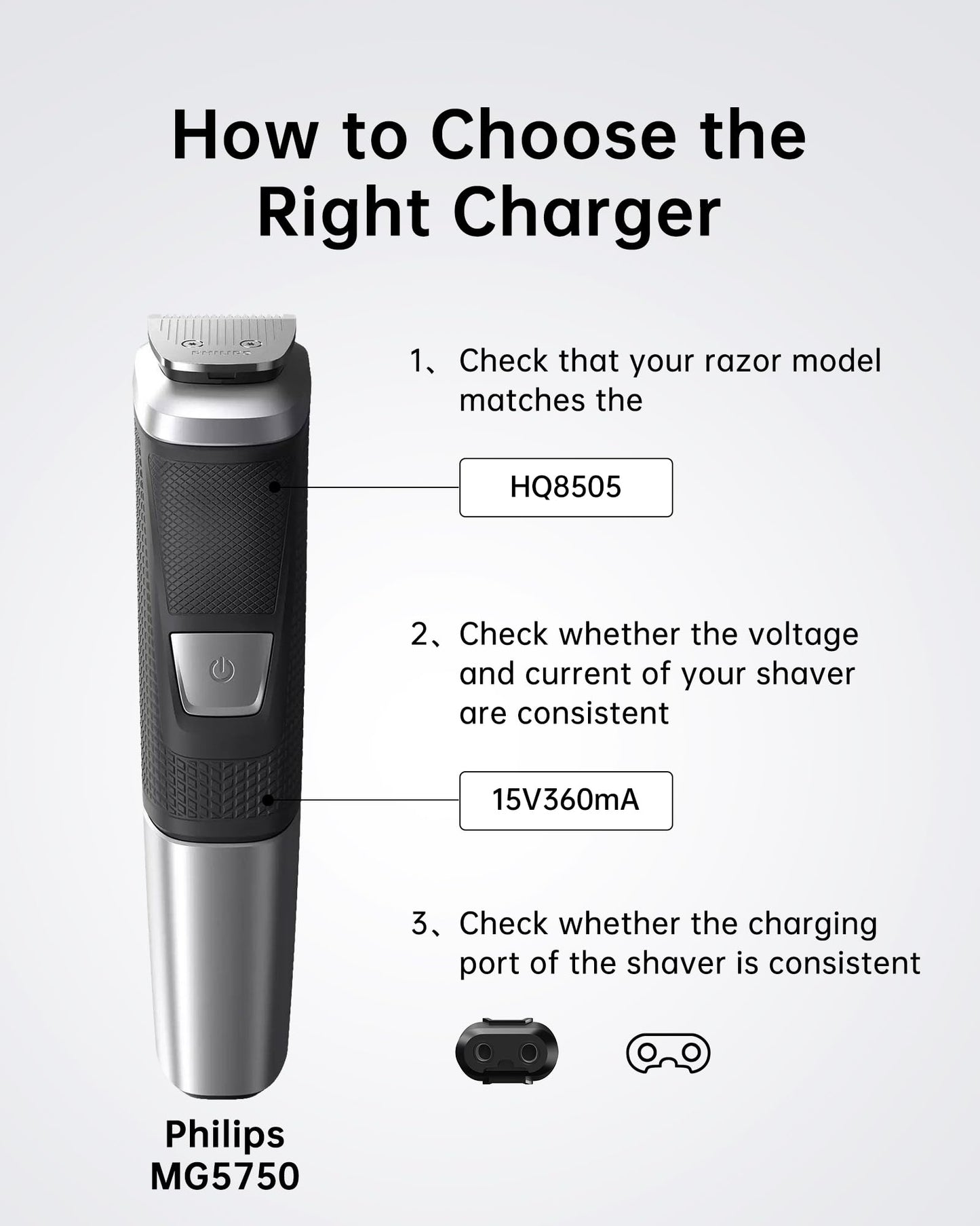 VHBW HQ8505 Charger for Philips Trimmer Shaver OneBlade 15V 0.36A