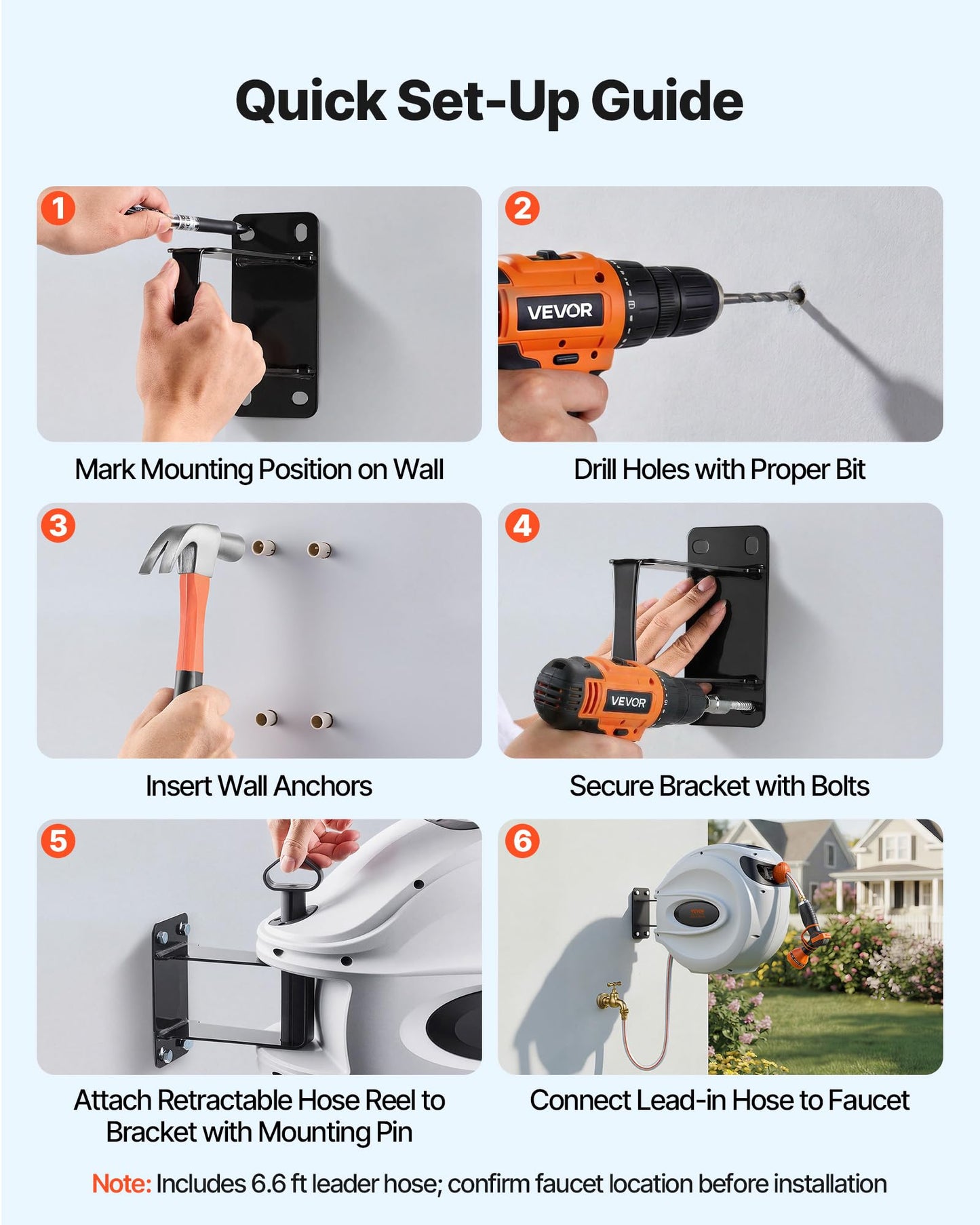 VEVOR Retractable Hose Reel, 115 ft x 1/2 inch, 180° Swivel Bracket Wall-Mounted, Garden Water Hose Reel with 9-Pattern Nozzle, Automatic Rewind, Lock at Any Length, and Slow Return System VEVOR