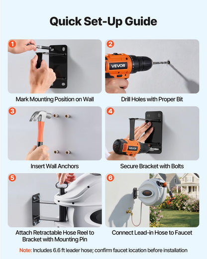 VEVOR Retractable Hose Reel, 115 ft x 1/2 inch, 180° Swivel Bracket Wall-Mounted, Garden Water Hose Reel with 9-Pattern Nozzle, Automatic Rewind, Lock at Any Length, and Slow Return System VEVOR