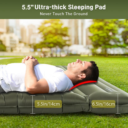 Double Camping Sleeping Pad 5.5", Elegear CumbreX™Self Inflating Air Sleeping Mats with Pillow Built-in Foot Pump, Inflatable Camping Mattress Compact for Tent,Cot Backpacking,Hiking,Camp,Travel,Green