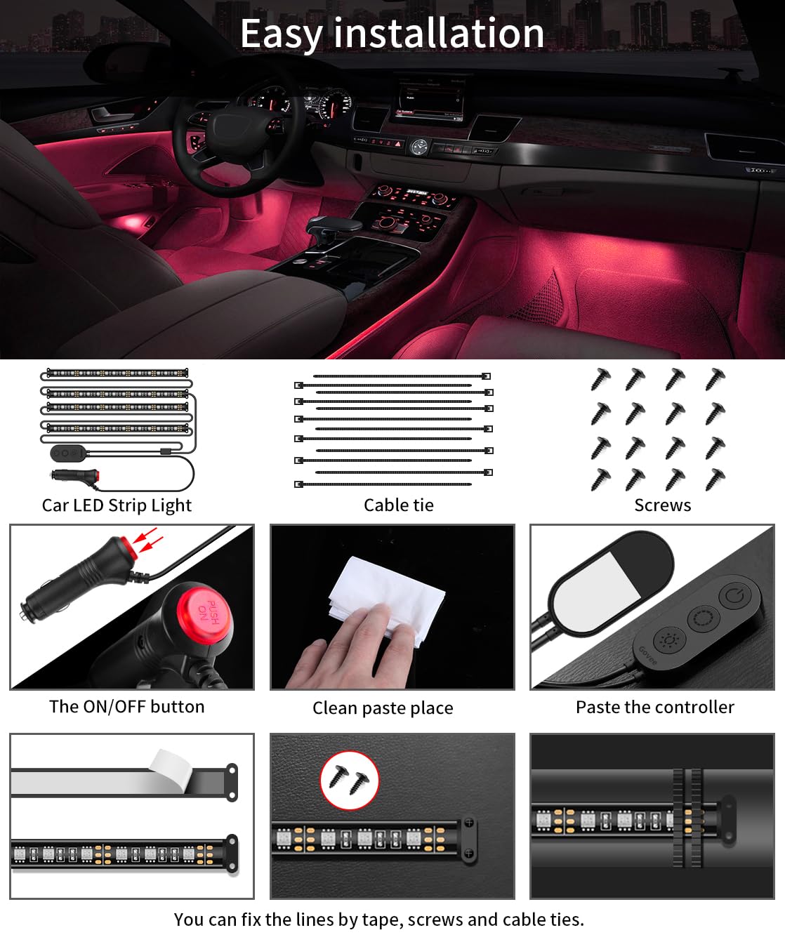 Govee Interior Lights for Car, App Control Smart Car Lights with DIY Mode and Music Mode, Waterproof LED Interior Lights with 2 Lines Design, RGB Under Dash Car LED Lights with Car Charger, DC 12V