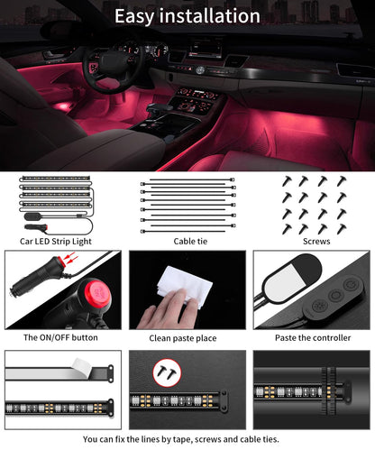 Govee Interior Lights for Car, App Control Smart Car Lights with DIY Mode and Music Mode, Waterproof LED Interior Lights with 2 Lines Design, RGB Under Dash Car LED Lights with Car Charger, DC 12V