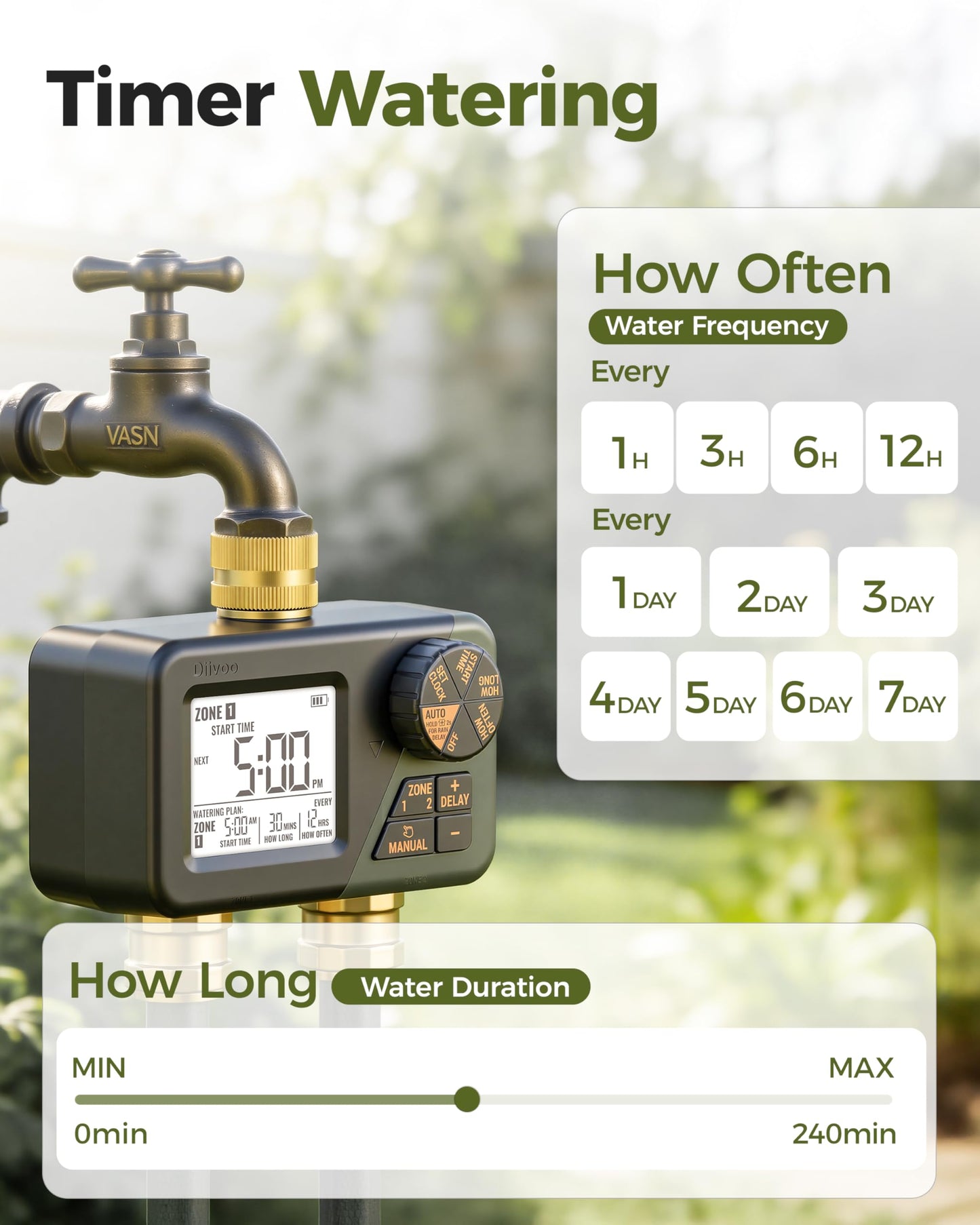 Diivoo 2 Zone Water Timer for Garden Hose, Programmable Sprinkler Hose Timer with Brass Inlet & Outlet, IP66 Waterproof, Rain Delay & Manual Mode for Irrigation, Lawn, Yard - Available at All In One Marketplace Canada
