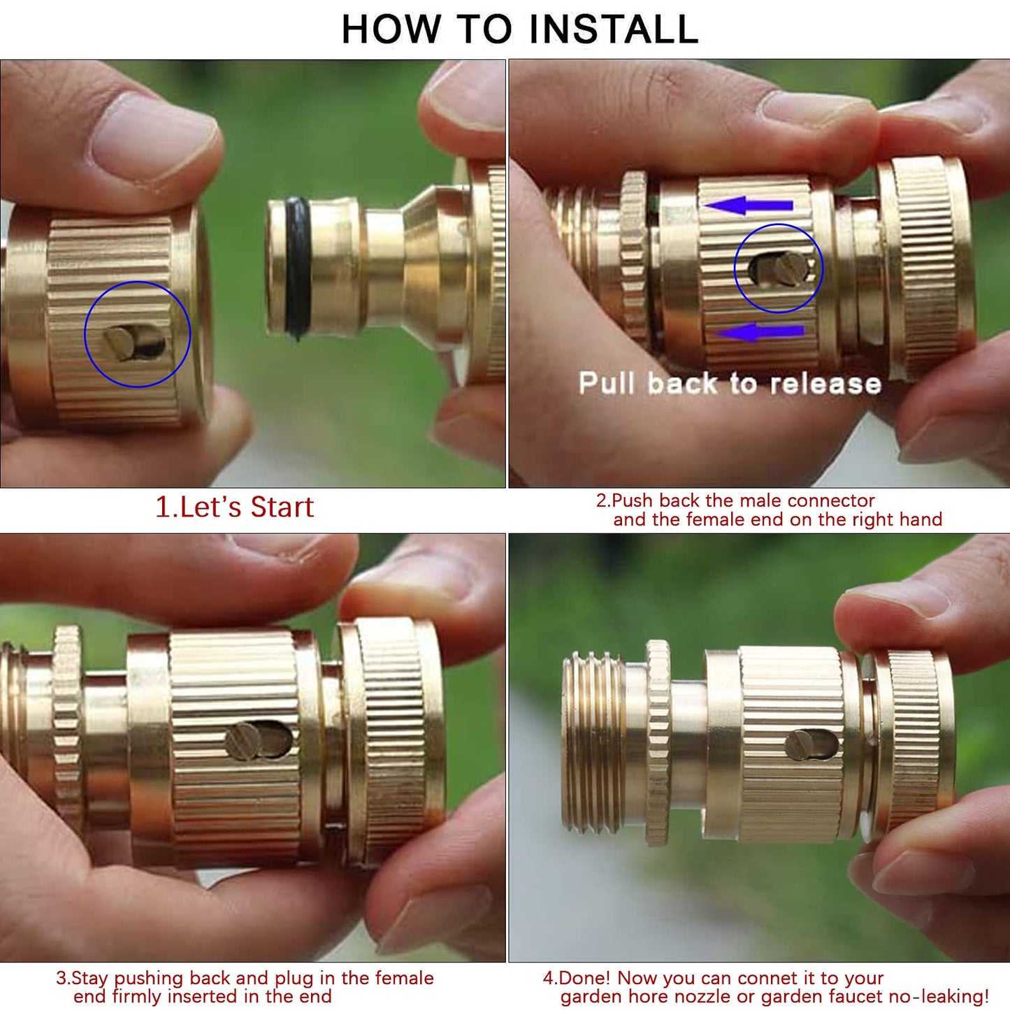 Garden Hose Quick Connectors, Solid Brass 3/4 inch GHT Thread Easy Connect Fittings No-Leak Water Hose Male Female Value Pack (5 Set) with 10pcs Extra Rubber - Available at All In One Marketplace Canada