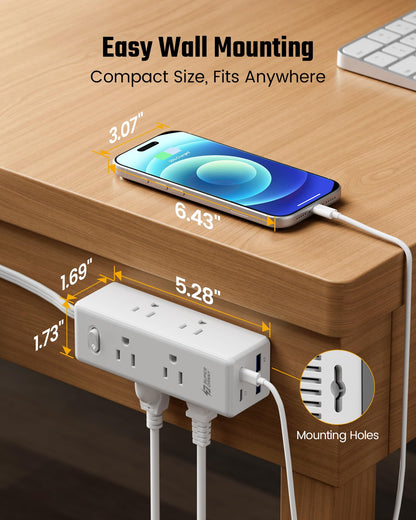 10 Ft Extension Cord, Surge Protector Power Bar with 6 Outlets & 4USB Ports (2 USB 2 C), Mountable Flat Plug Power Strip, Surge Protection for Home, Office, Dorm