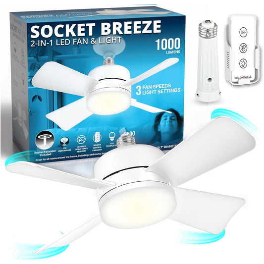 Socket Fan Light AS SEEN ON TV – Ceiling Fan with Lights and Remote, Ceiling Fan with Lights for Bedroom, Ventilateur Plafond, Screws into Light Socket, Ceiling Fans with 3 Light/Fan Modes