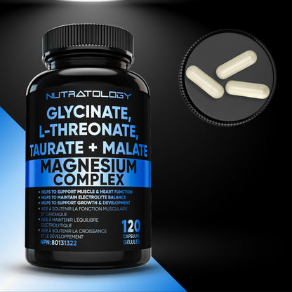 Nutratology Magnesium Complex - Glycinate, Malate, L-Threonate & Taurate With Vitamin B6 + Bioperine For Enhanced Absorption - Helps Support Healthy Bones, Muscles, Teeth & Heart - 100MG Elemental Magnesium Per Capsule - 120 Count - Available at All In One Marketplace Canada