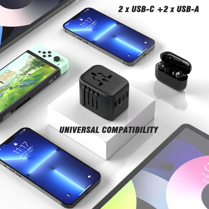 RXSQUL Universal International Power Travel Plug Adapter, 5 in 1 European Travel Plug Adapter W/ 3.5A 2xUSB-A And 2xUSB C Wall Charger and Worldwide AC Outlet for Europe USA UK AUS Asia-Black