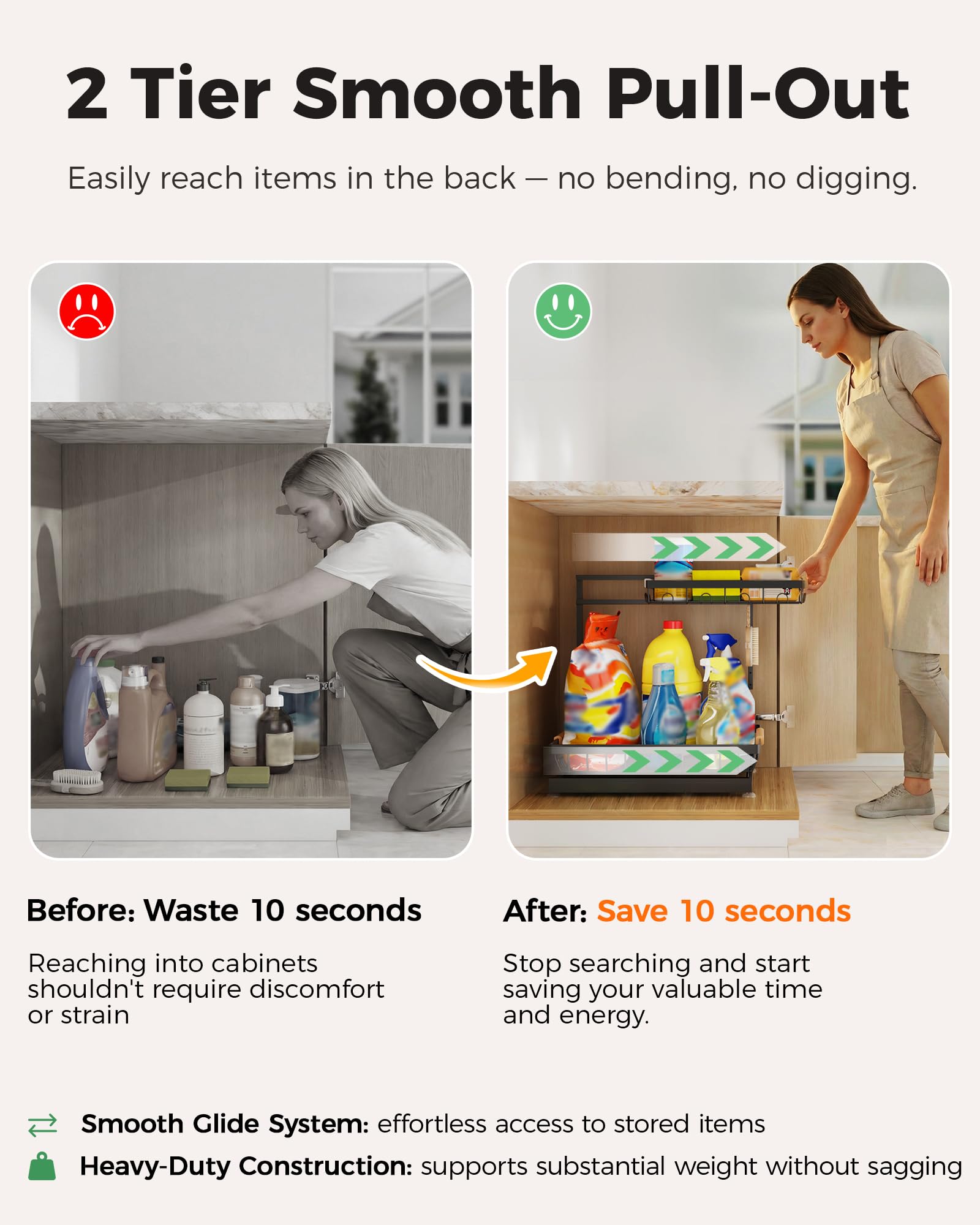 Sevenblue 2 Pack Under Sink Organizer, Height Adjustable 2 Tier Under Sink Organizer Kitchen, Multi-Purpose Storage Shelf for Kitchen Bathroom Cabinet (Black, Large) - Available at All In One Marketplace Canada