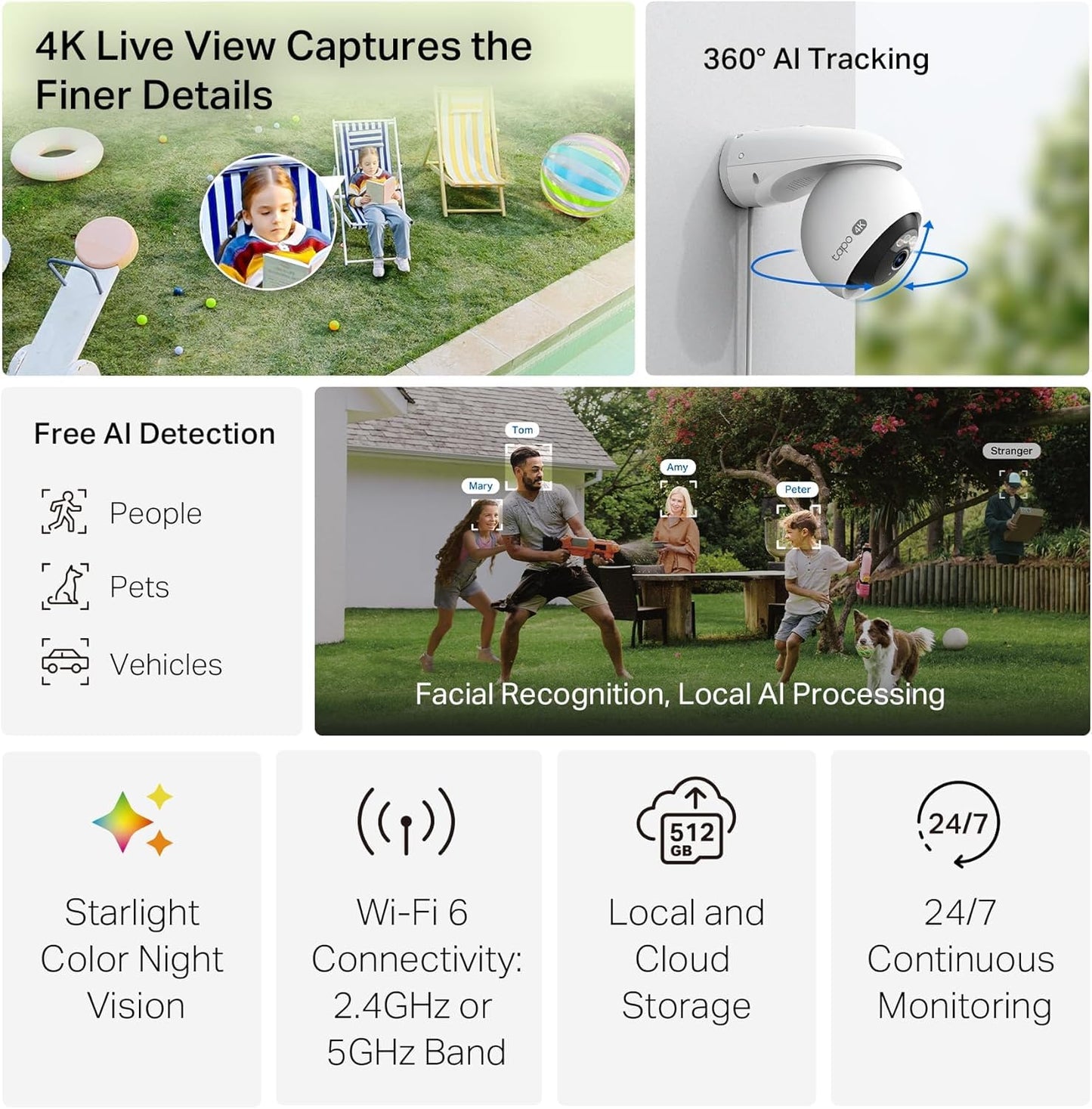 Tapo 4K 8MP Pan/Tilt Outdoor Security Camera, 360° View, No Monthly Fee, Person/Vehicle & Motion AI Track, Starlight Color Night Vision, SD/Cloud Storage, Works w/Alexa & Google Home (Tapo C560WS)