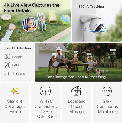 Tapo 4K 8MP Pan/Tilt Outdoor Security Camera, 360° View, No Monthly Fee, Person/Vehicle & Motion AI Track, Starlight Color Night Vision, SD/Cloud Storage, Works w/Alexa & Google Home (Tapo C560WS)