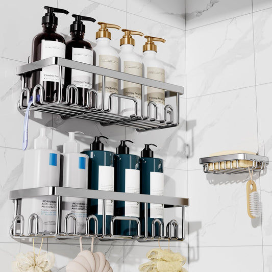 Veken Large Capacity Shower Caddy 3-Pack, No Drilling Adhesive Rack with Soap Holder, Rustproof & Waterproof Shelves, Bathroom Organizers and Storage, Wall-Mounted Kitchen & Home Decor, Silver