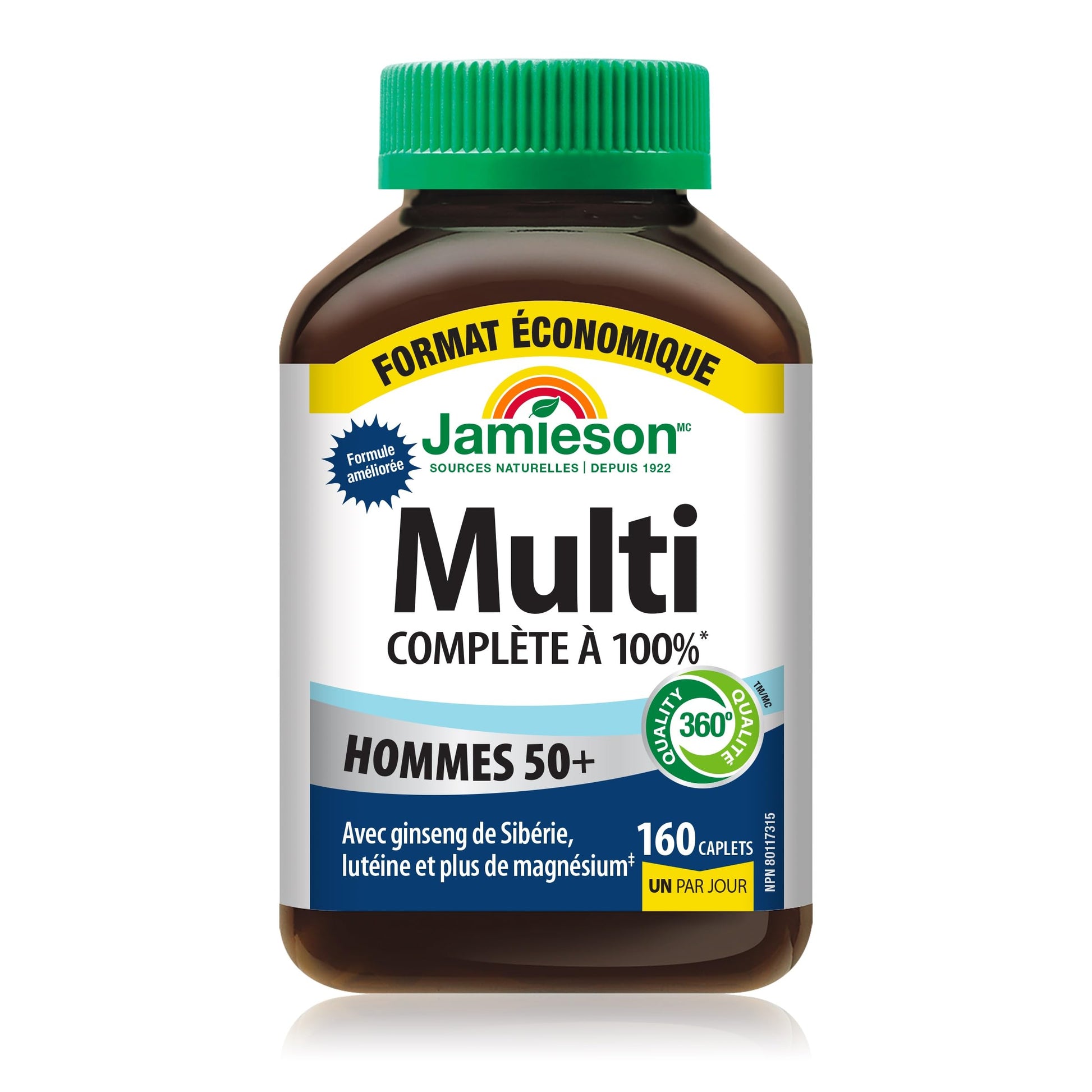Jamieson 100% Complete Multivitamin For Men 50+, with Siberian Ginseng, Lutein, and More Magnesium. Supports Immunity, Energy, Overall Health, Eye Support, and Bone Health, Gluten-Free, One Per Day, 160 Caplets - Available at All In One Marketplace Canada