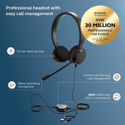 Jabra Evolve 20 Wired Headset (2025 Edition) with USB-A/USB-C, Black