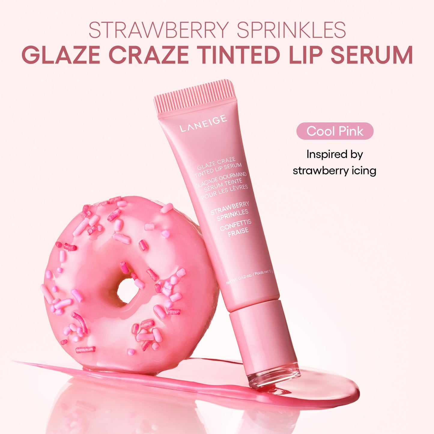 LANEIGE Glaze Craze Tinted Lip Serum, Strawberry Sprinkles: Hydrating Serum for Glossy, Nourished Lips with Plumping Polypeptides, 0.42 oz