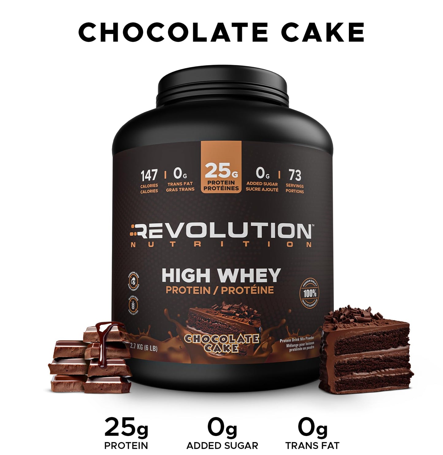 Revolution Nutrition, High Whey, Protein Powder 6LB, Whey Protein, Gluten Free, 25g of Protein Per Scoop, 2.7kg, 73 Servings (Chocolate Cake, 6 Pound) - Available at All In One Marketplace Canada