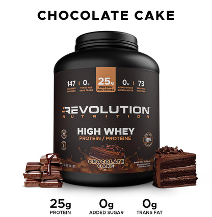 Revolution Nutrition, High Whey, Protein Powder 6LB, Whey Protein, Gluten Free, 25g of Protein Per Scoop, 2.7kg, 73 Servings (Chocolate Cake, 6 Pound) - Available at All In One Marketplace Canada