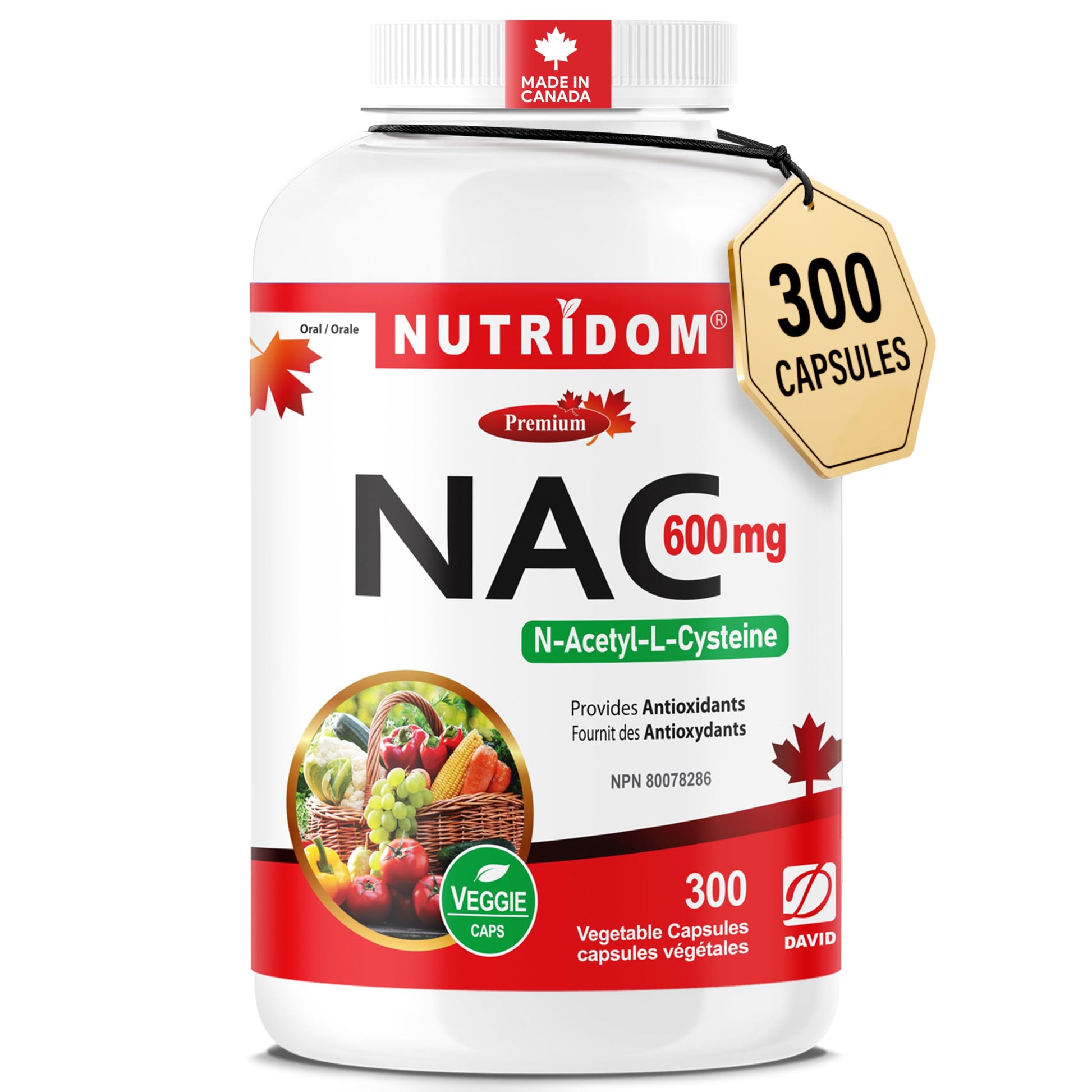 Nutridom NAC 600 mg, 300 Capsules, Canadian-Made N-Acetyl-L-Cysteine Supplement, Non-GMO, Vegan, Gluten Free, Made in Canada - Available at All In One Marketplace Canada