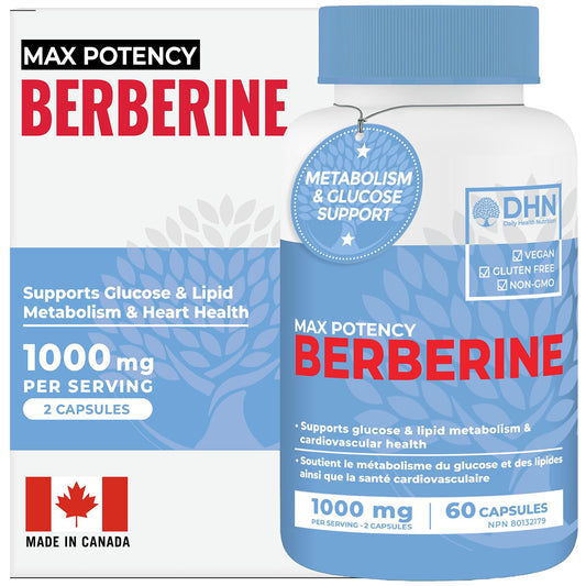 Berberine Supplement HCL 1000mg (2 x 500mg Vegan Capsules) | High Potency Berberine Supports Glucose, Fat Metabolism & Heart Health | Third Party Tested for Potency & Purity | Canadian Made, Quality Assured - Available at All In One Marketplace Canada