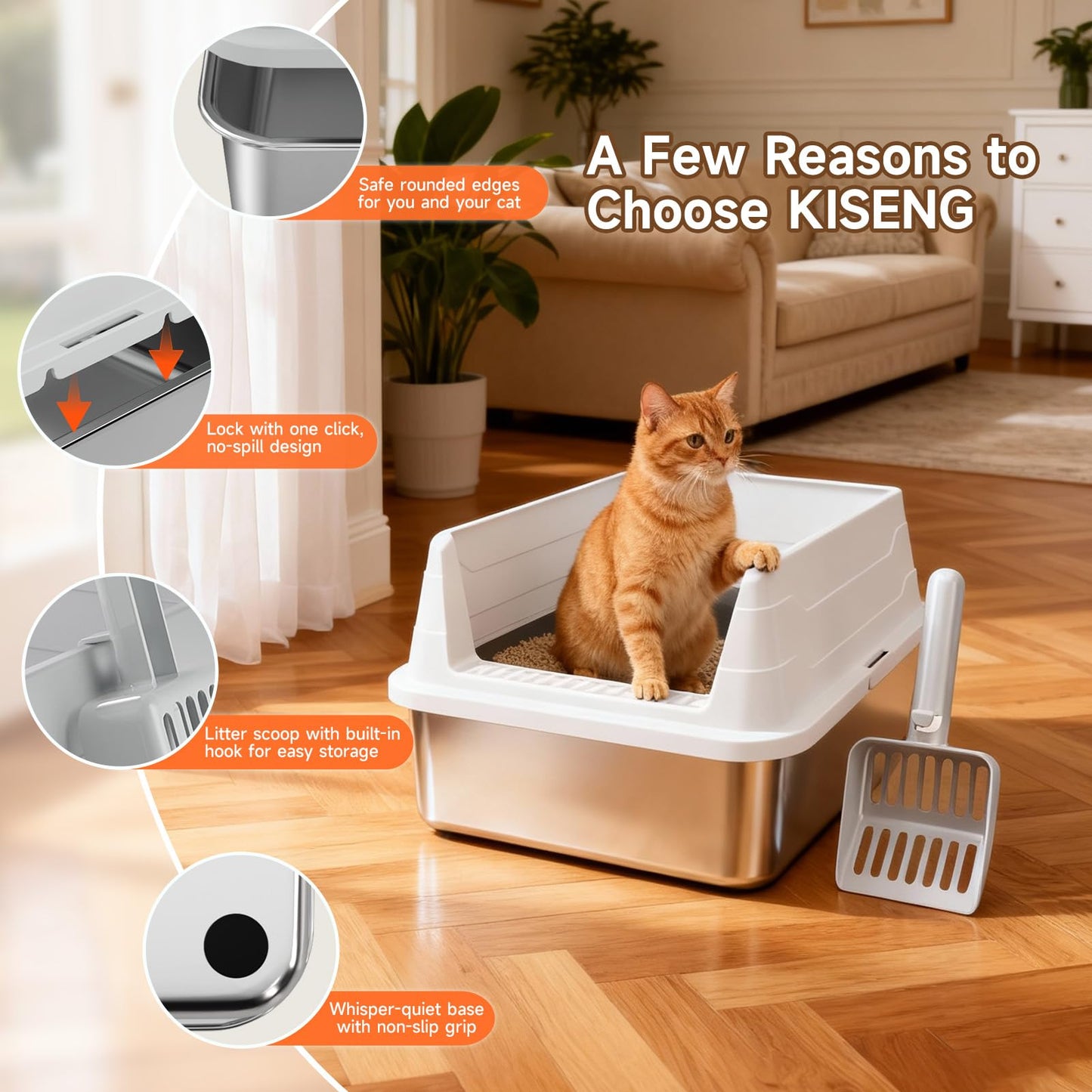 Stainless Steel Cat Litter Box, Odor Free Metal Litter Box with High Sides Lid, Open Top Low Entry Litter Pan Include Scoop Easy Cleaning Anti-Scratch Kitty Cat Box Anti-Urine Leakage, Non-Sticky - Available at All In One Marketplace Canada