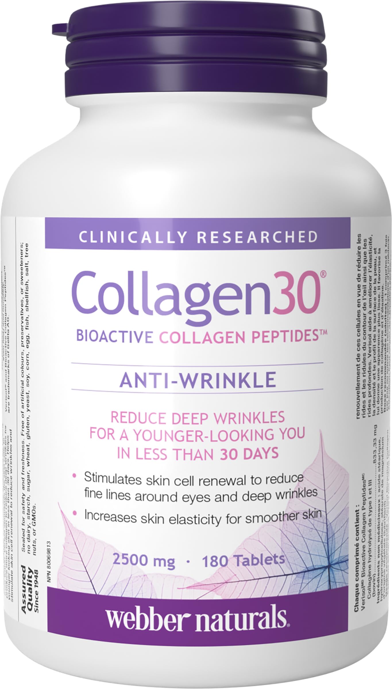 Webber Naturals Collagen30 Anti-Wrinkle, 2500 mg of Bioactive Collagen Peptides Per Serving, 180 Tablets, Helps Reduce Deep Wrinkles, Fine Lines & Stimulates Skin Cells - Available at All In One Marketplace Canada
