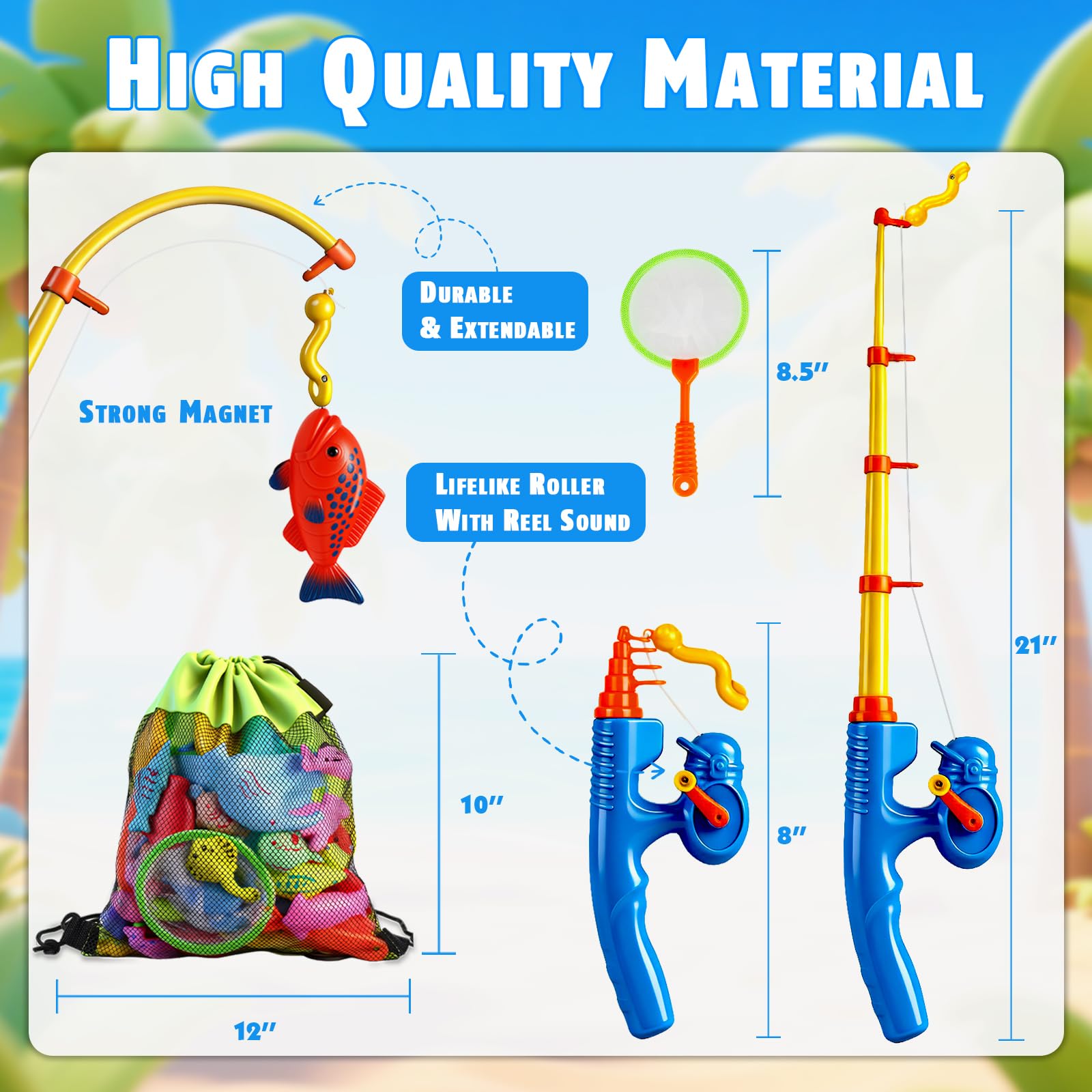 CozyBomB Magnetic Fishing Pool Toys Game for Kids - Water Table Bath-tub Kiddie Party Toy with Pole Rod Net Plastic Floating Fish Toddler Color Ocean Sea Animals Birthday Gift Age 3 4 5 6 Year Old
