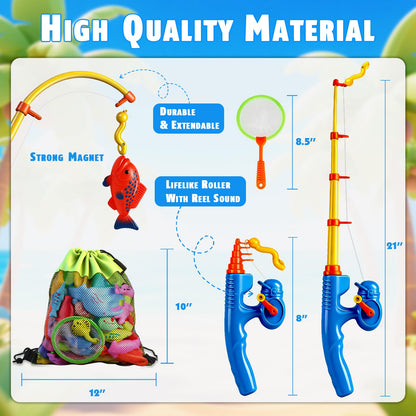 CozyBomB Magnetic Fishing Pool Toys Game for Kids - Water Table Bath-tub Kiddie Party Toy with Pole Rod Net Plastic Floating Fish Toddler Color Ocean Sea Animals Birthday Gift Age 3 4 5 6 Year Old