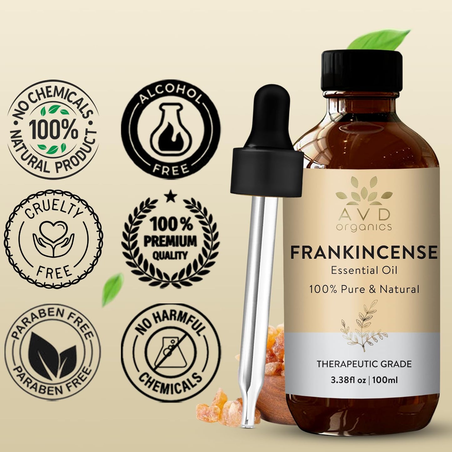 AVD Organics Frankincense Essential Oil 100ml | 100% Pure & Natural Frankincense Oil for Face, Hair | Woody & Earthy Aroma for Diffusers, Soaps & Candles | 3.38 fl. oz