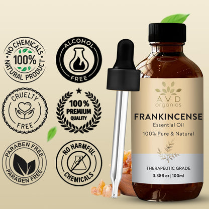 AVD Organics Frankincense Essential Oil 100ml | 100% Pure & Natural Frankincense Oil for Face, Hair | Woody & Earthy Aroma for Diffusers, Soaps & Candles | 3.38 fl. oz