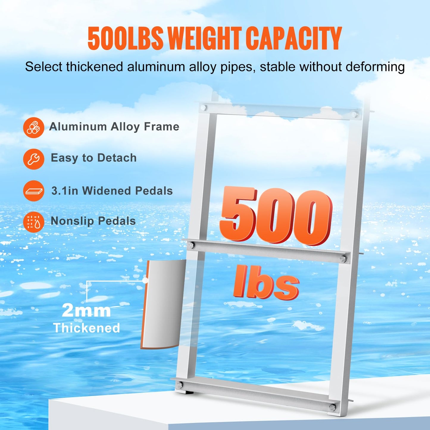 VEVOR Dock Ladder, Removable 3 Steps, 500 lbs Load Capacity, Aluminum Alloy Pontoon Boat Ladder with 3.1'' Wide Step & Nonslip Mat, Easy to Install for Ship/Lake/Pool/Marine Boarding VEVOR