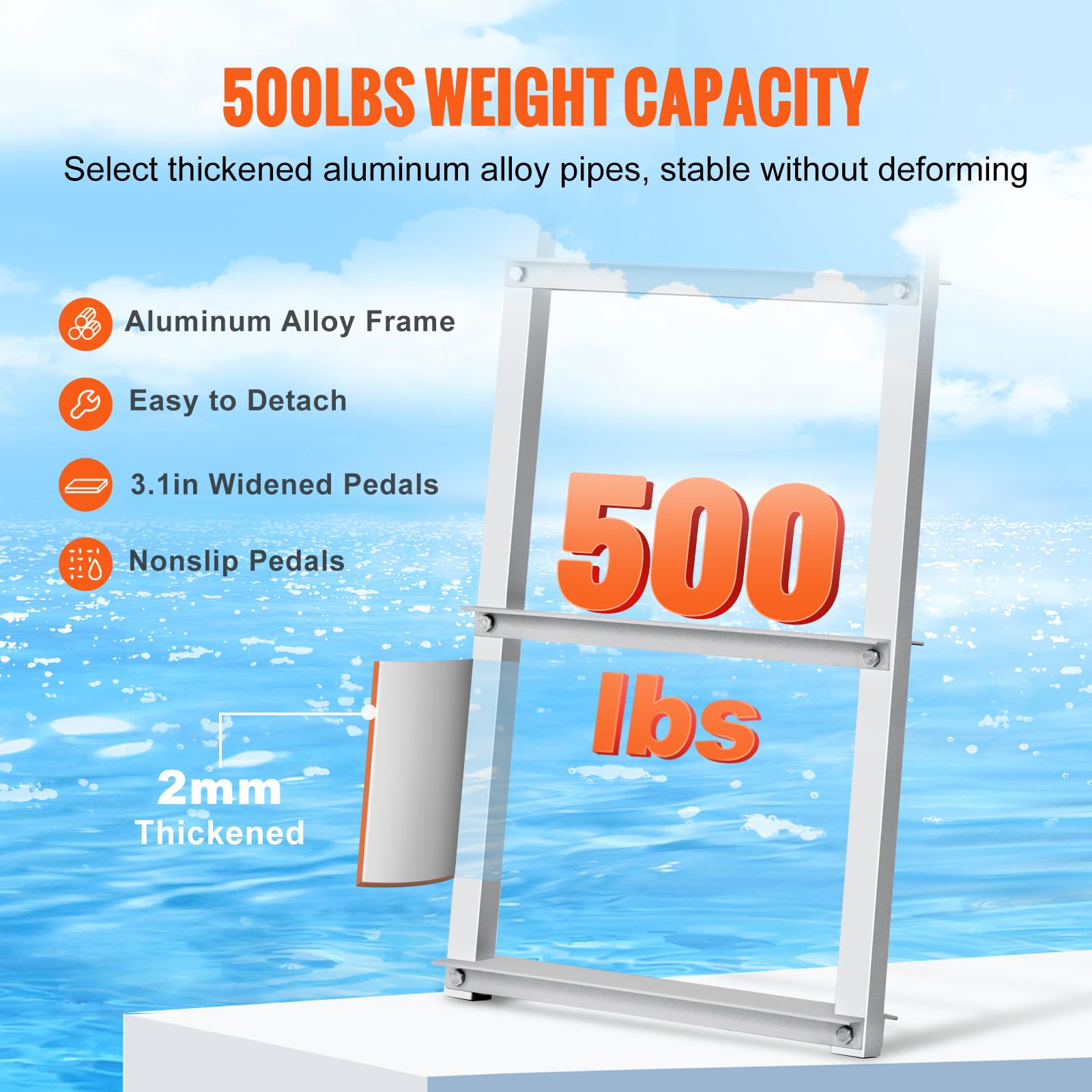 VEVOR Dock Ladder, Removable 3 Steps, 500 lbs Load Capacity, Aluminum Alloy Pontoon Boat Ladder with 3.1'' Wide Step & Nonslip Mat, Easy to Install for Ship/Lake/Pool/Marine Boarding VEVOR