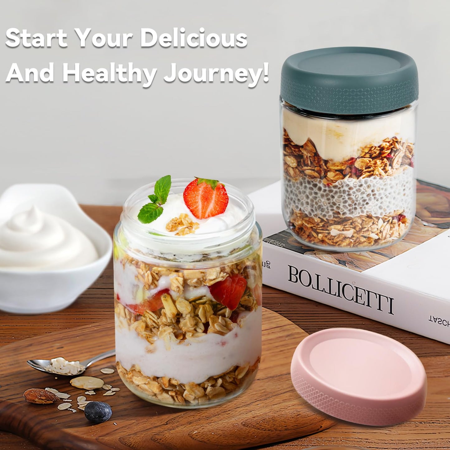 16 OZ Overnight Oats Jar,6 Pack Glass Jar with Lid and Spoon,Reusable Wide Mouth Mason jars for Overnight Oats,Yogurt Snacks Fruit, Salad Dressing, Sauce,Cereal-Leak Proof(500 ml) - Available at All In One Marketplace Canada