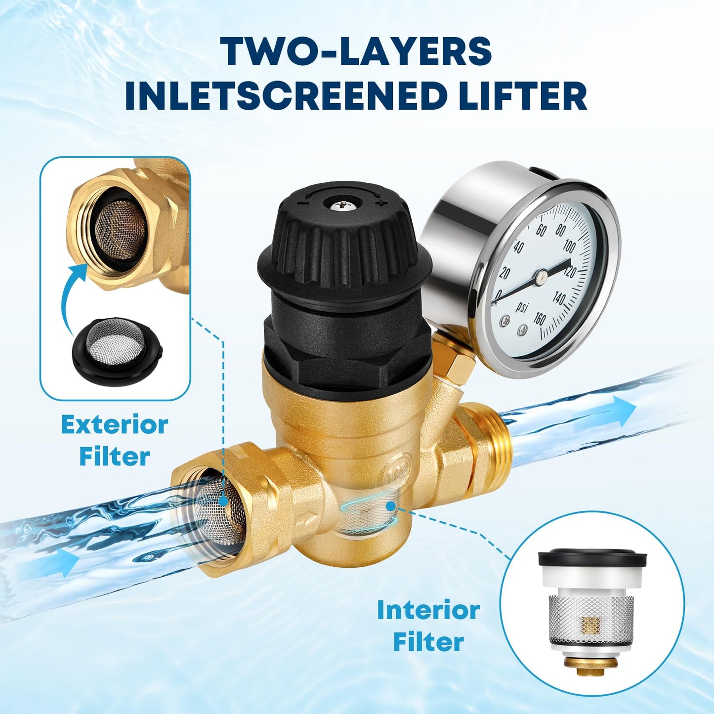 Kohree RV Water Pressure Regulator Valve, Adjustable Handle Brass Lead-Free RV Water Pressure Reducer with Gauge and 2 Inlet Screened Filters for RV Camper Travel Trailer Garden 🍁 All In One Marketplace Canada