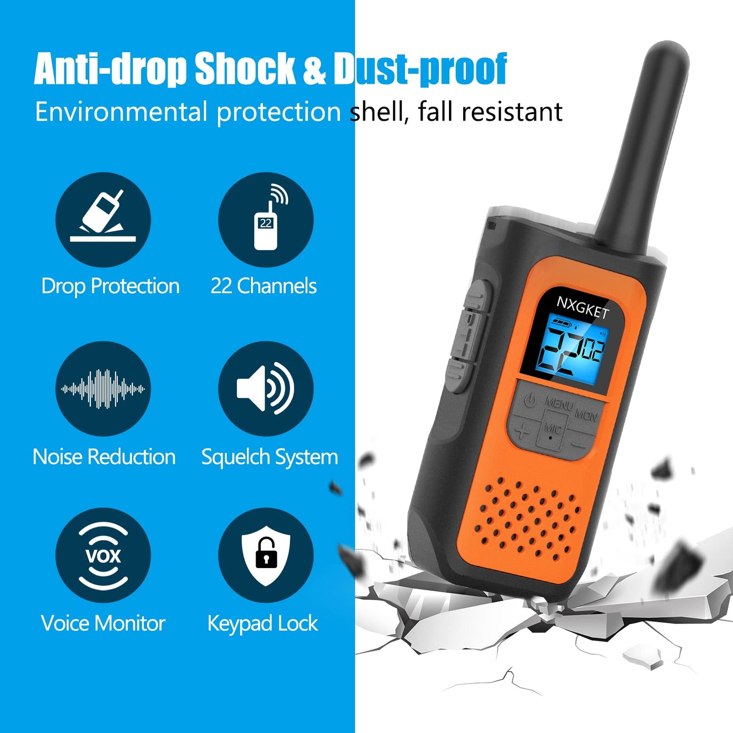 NXGKET Walkie Talkies for Kids Adults, Rechargeable Long Range Walky Talky 2 Way Radios 22 Channels with 1200mAh Li-ion Battery USB-C Cable for Family Outdoors Camping Hiking Toys Gift 4 Pack