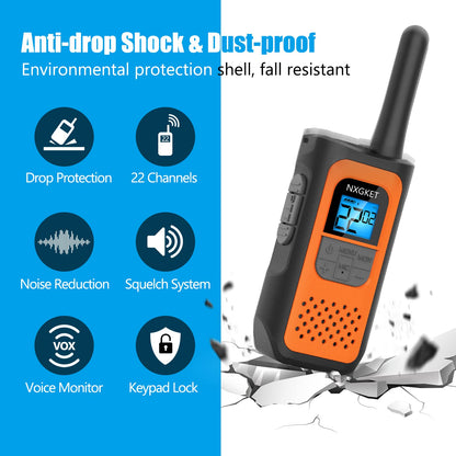 NXGKET Walkie Talkies for Kids Adults, Rechargeable Long Range Walky Talky 2 Way Radios 22 Channels with 1200mAh Li-ion Battery USB-C Cable for Family Outdoors Camping Hiking Toys Gift 4 Pack