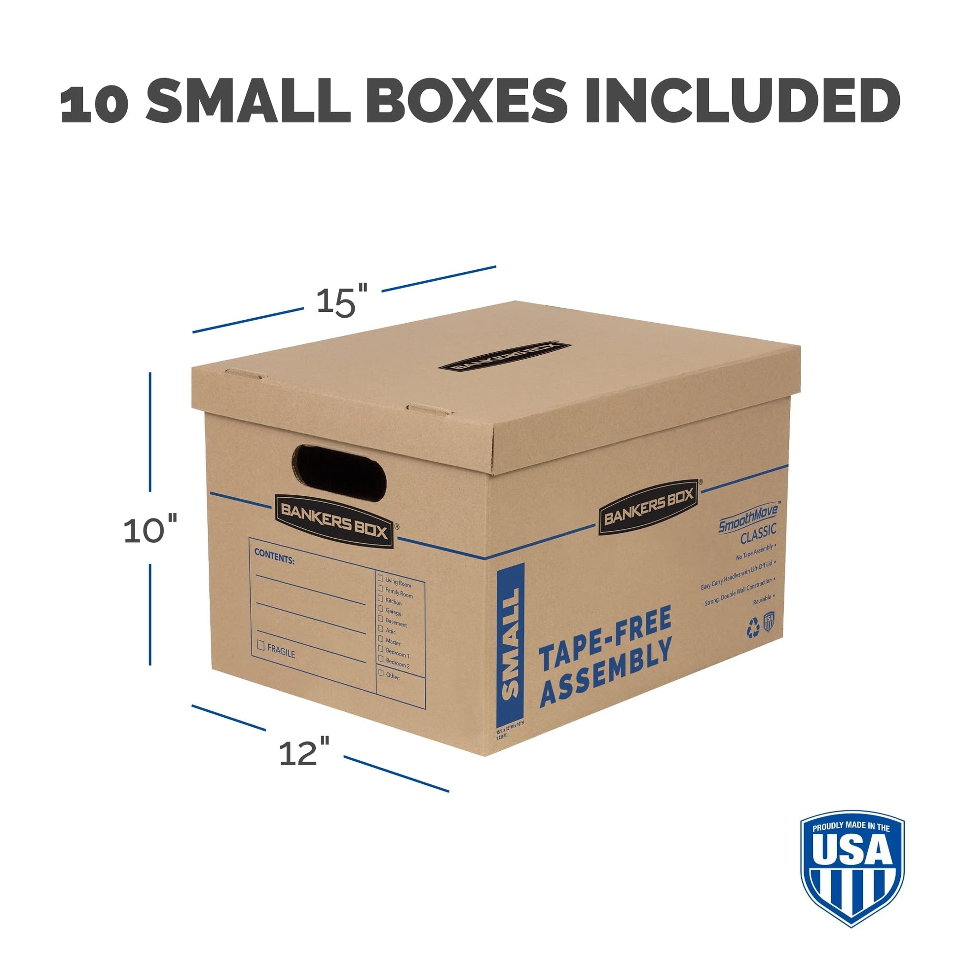 Bankers Box SmoothMove Moving Boxes with No-Tape Assembly, Lift -Off Lids And Easy-Carry Handles, 10" x 12" x 15", 10 Pack (7714219)