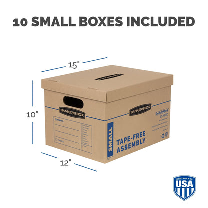 Bankers Box SmoothMove Moving Boxes with No-Tape Assembly, Lift -Off Lids And Easy-Carry Handles, 10" x 12" x 15", 10 Pack (7714219)