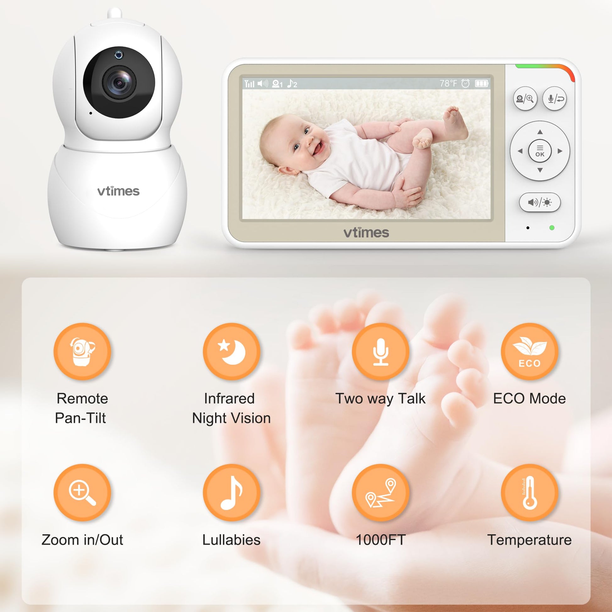 VTimes Baby Monitor No WiFi, 5" Screen Video Baby Monitor with 32Hr Battery, Pan-Tilt-Zoom Camera, VOX Mode, Two-Way Audio, Night Vision, Temperature Display, Lullabies, 1000ft Long Range