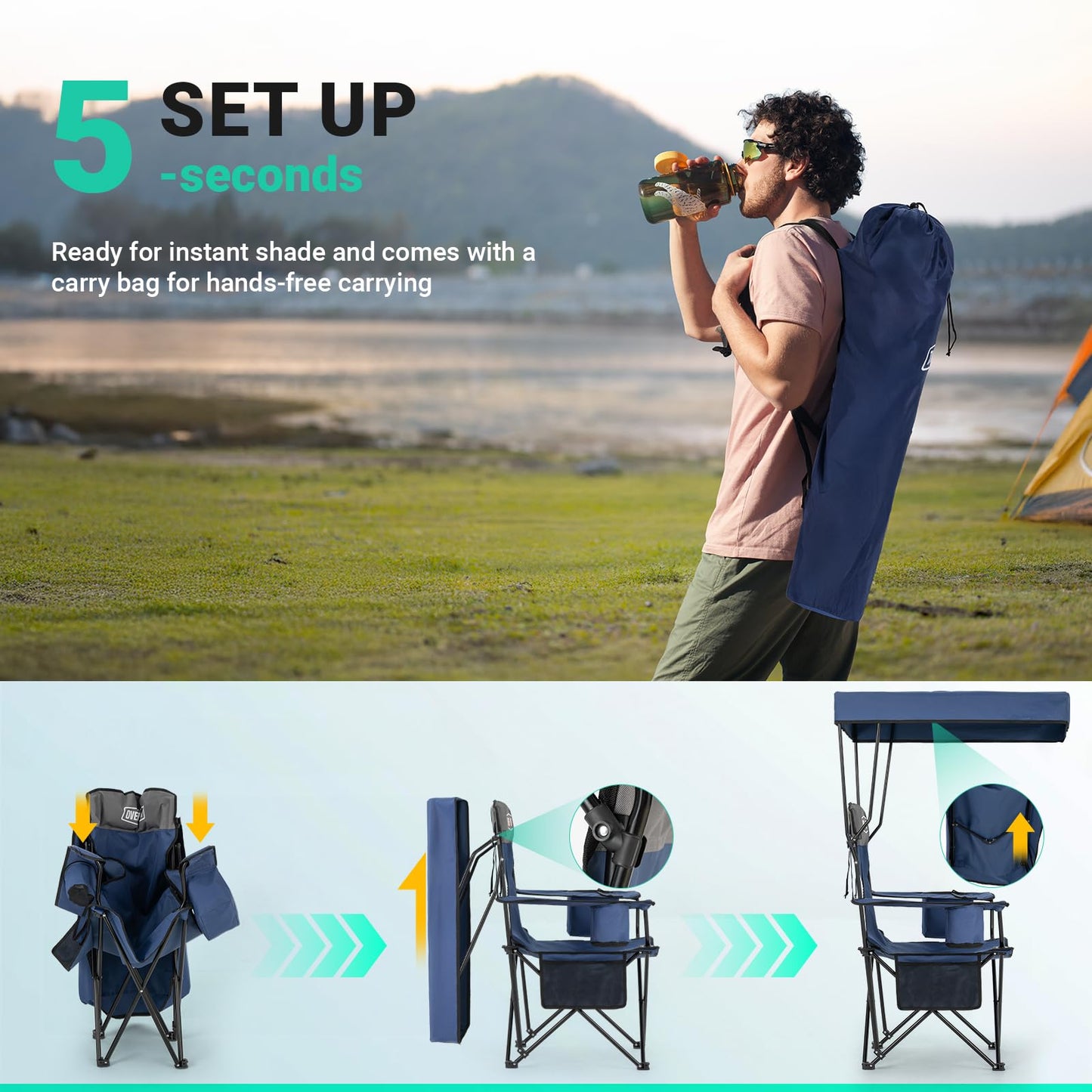 Overmont Beach Chair with Canopy Shade and Cooler - Support 330lbs Oversized Folding Camping Chair with Umbrella- Cup Holder - Cool Bag - Lounge Chair for Sand Travel Outdoor Pool Sports Blue 2pcs OVERMONT