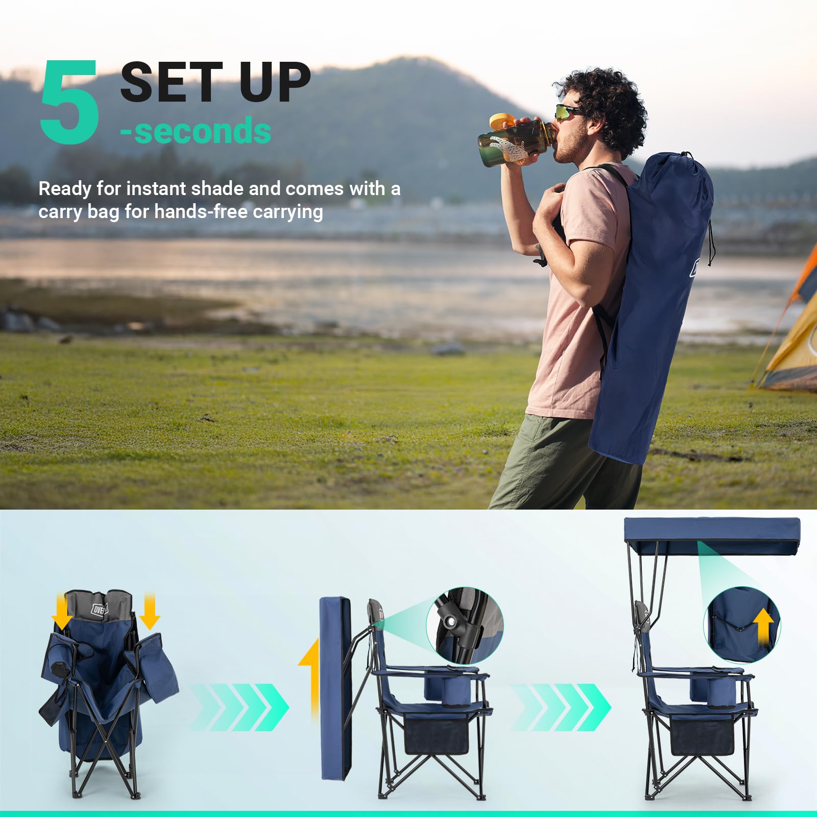 Overmont Beach Chair with Canopy Shade and Cooler - Support 330lbs Oversized Folding Camping Chair with Umbrella- Cup Holder - Cool Bag - Lounge Chair for Sand Travel Outdoor Pool Sports Blue 2pcs OVERMONT